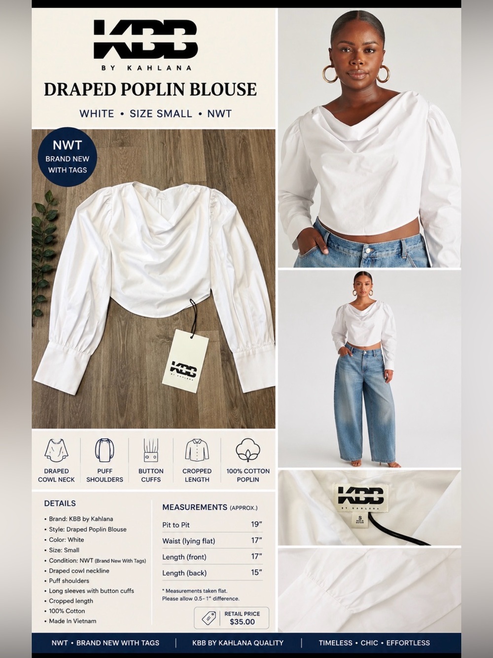 KBB by Kahlana White Draped Puff Sleeve Cropped Top – Size Small NWT